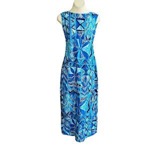 Vintage 60s 70s Hawaiian Fashions At Sears Blue Barkcloth Batik Maxi Aloha Dress